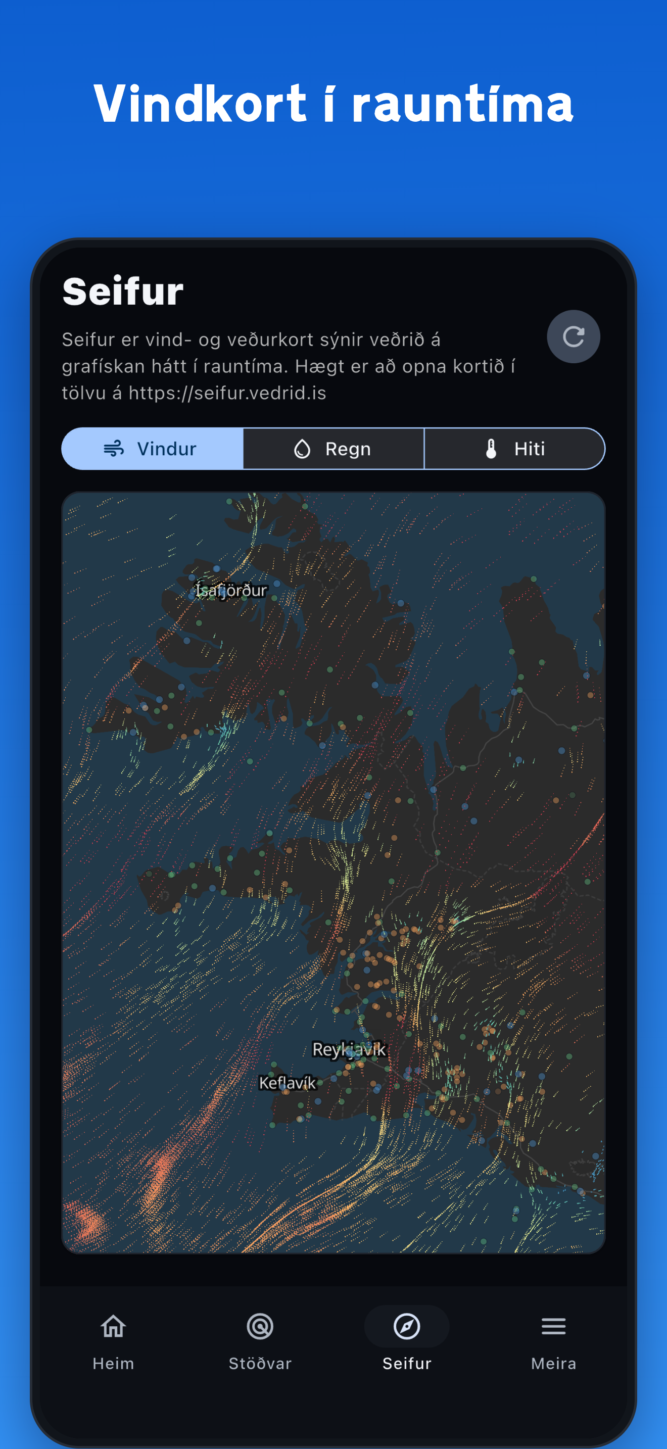 Die Seifur-Karte in der Veðrið-App mit grafischen Windinformationen