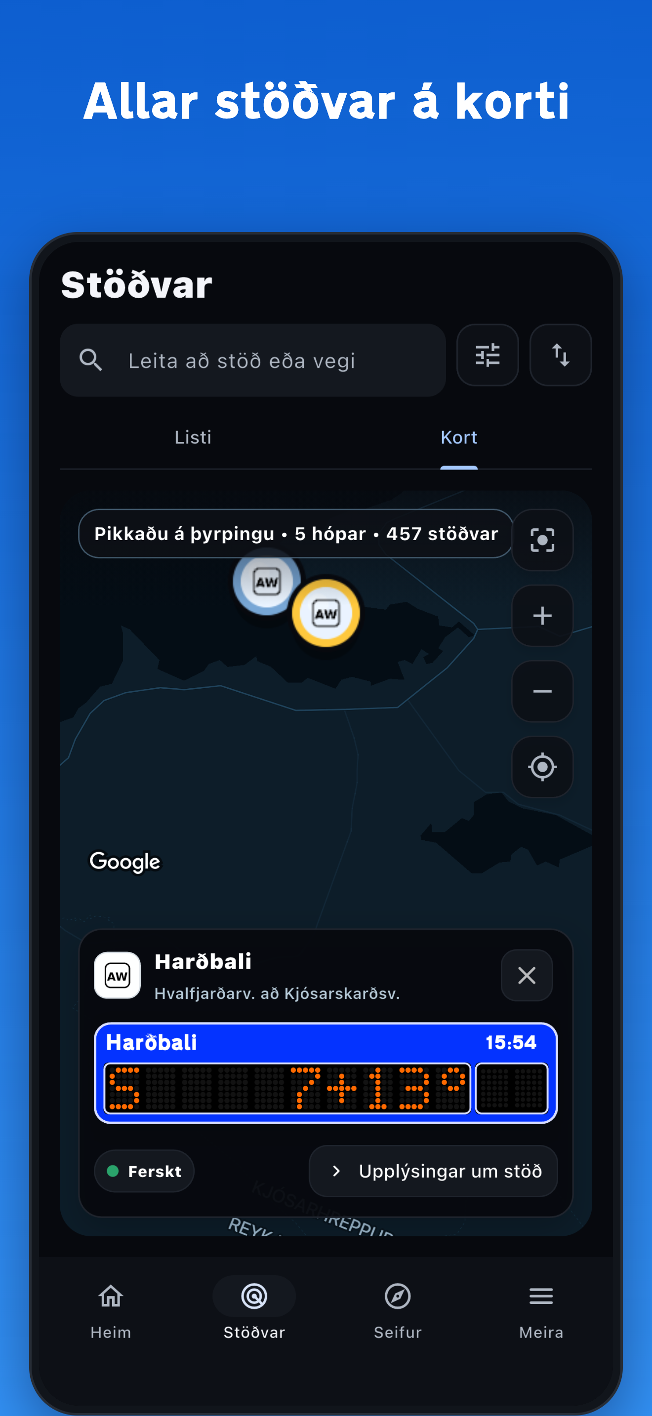 Karte aller Stationen in der Veðrið-App