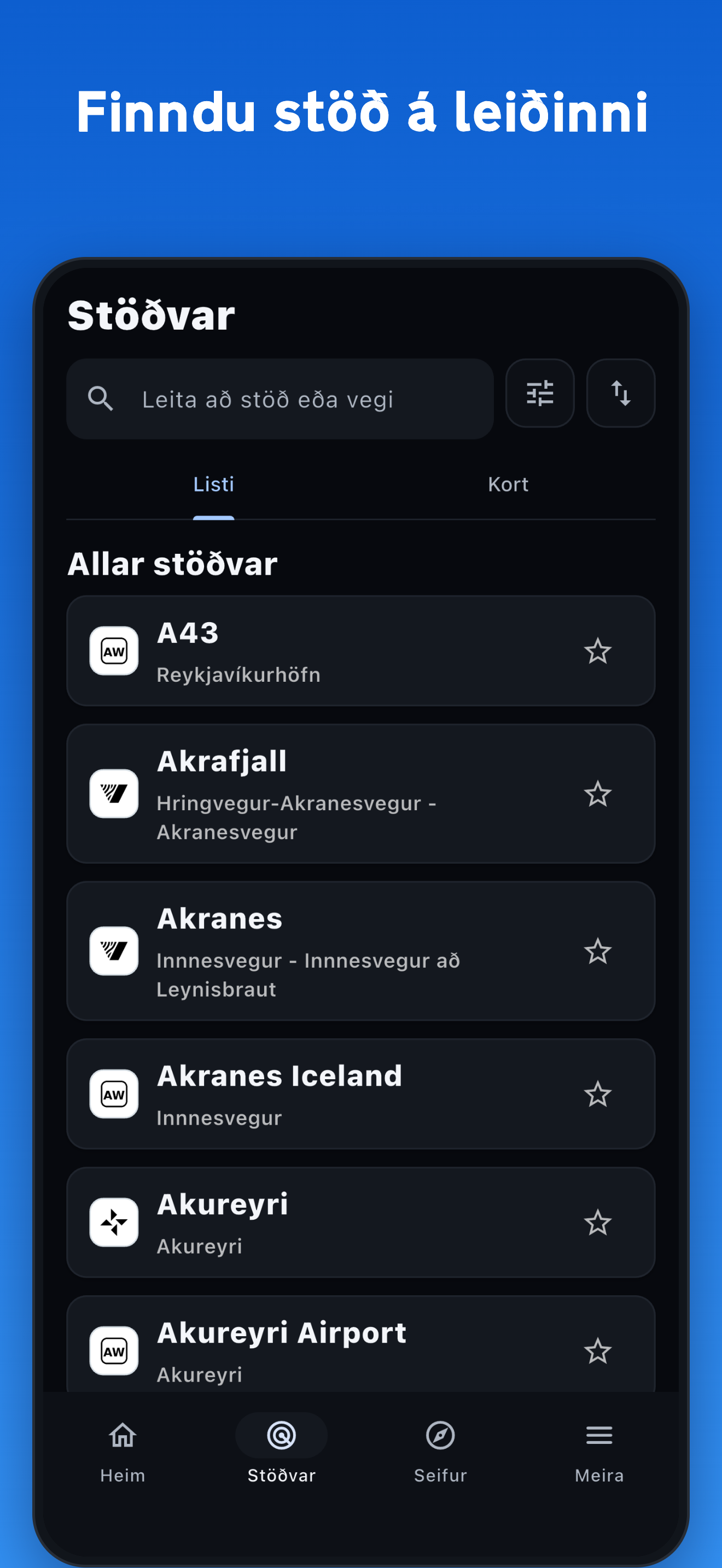 Stationen in deiner Nähe und weiter entfernt in der Veðrið-App