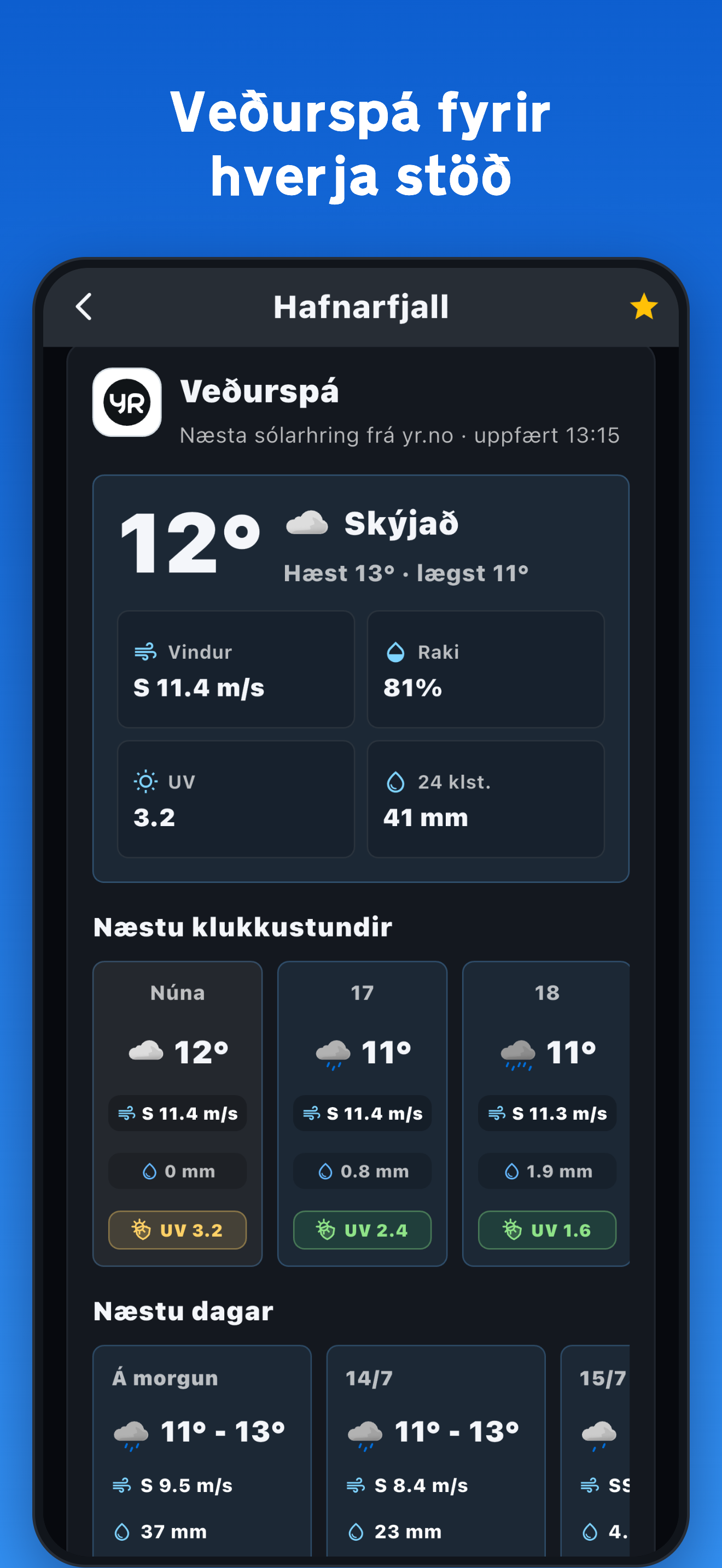 Eine lokale Wettervorhersage für eine Wetterstation in der Veðrið-App