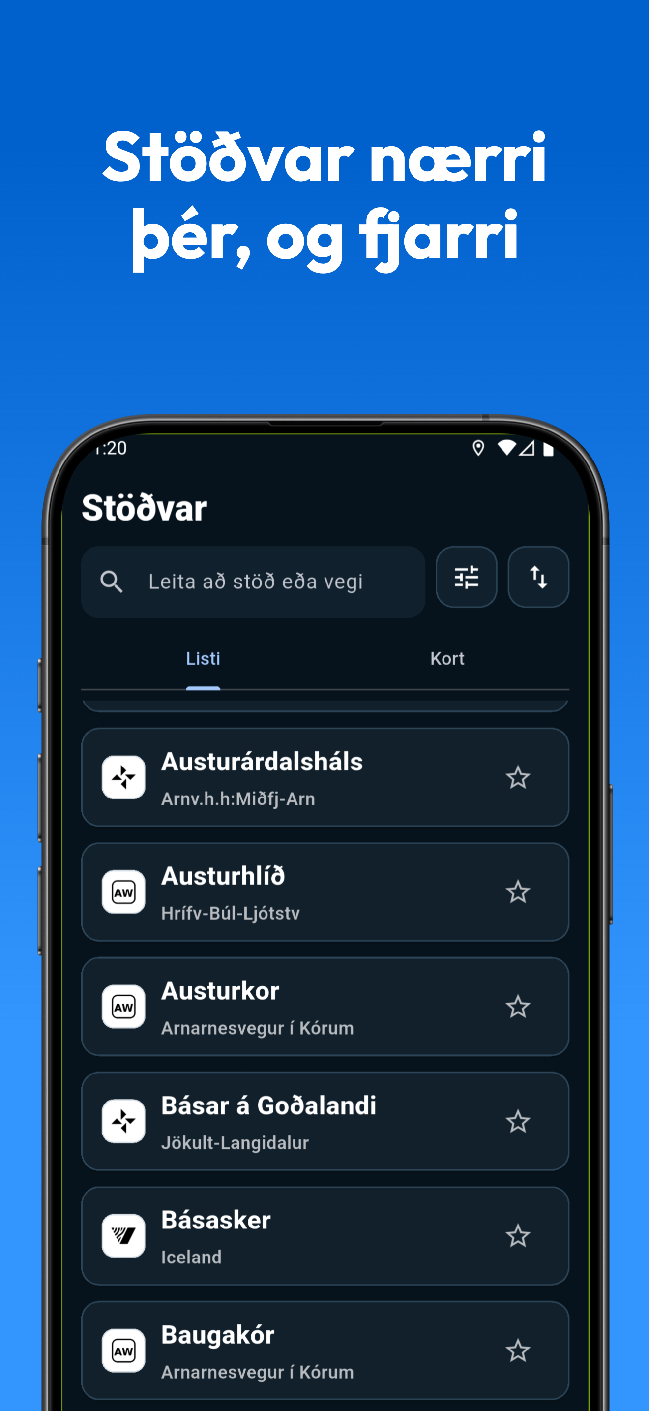 Stöðvar nærri þér og fjær í Veðrið appinu