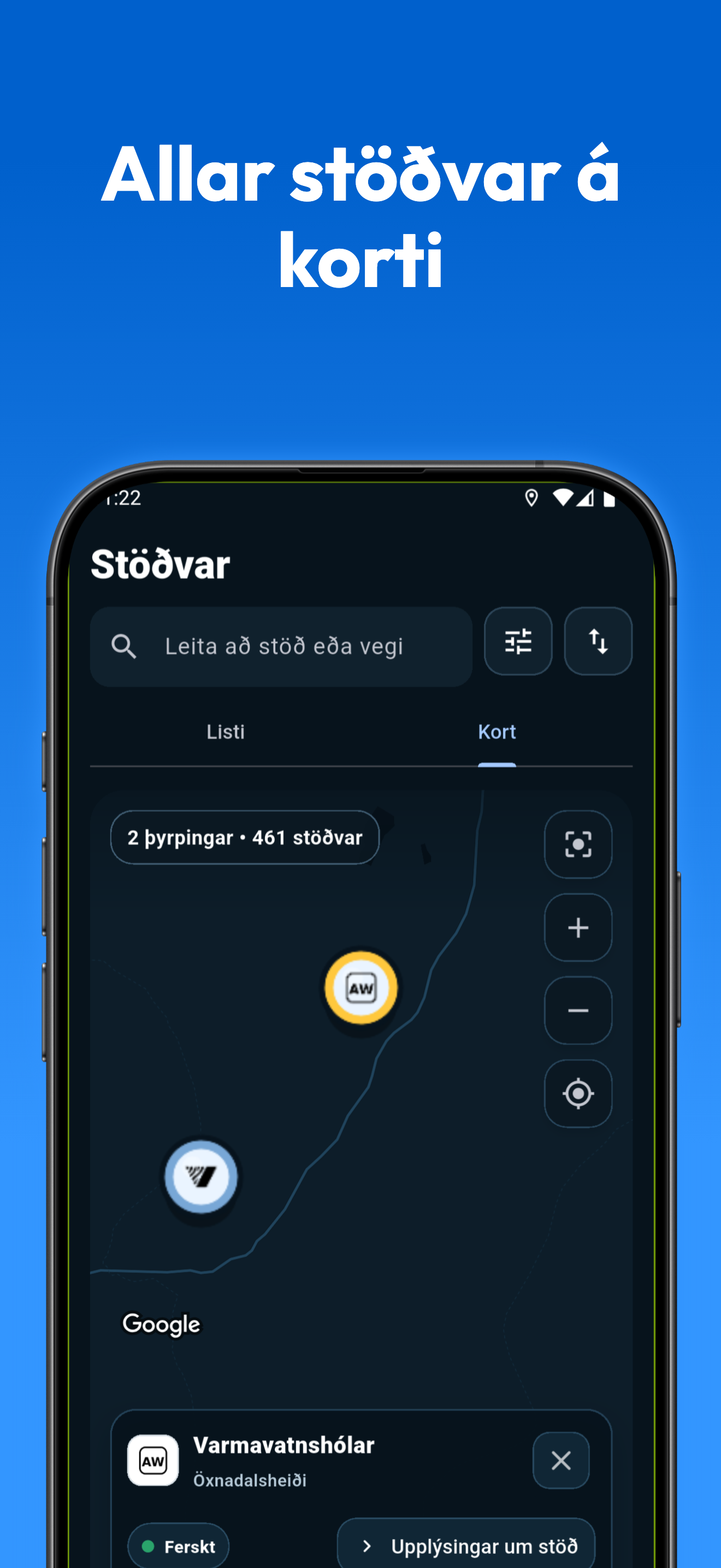 Kort yfir allar stöðvar í Veðrið appinu