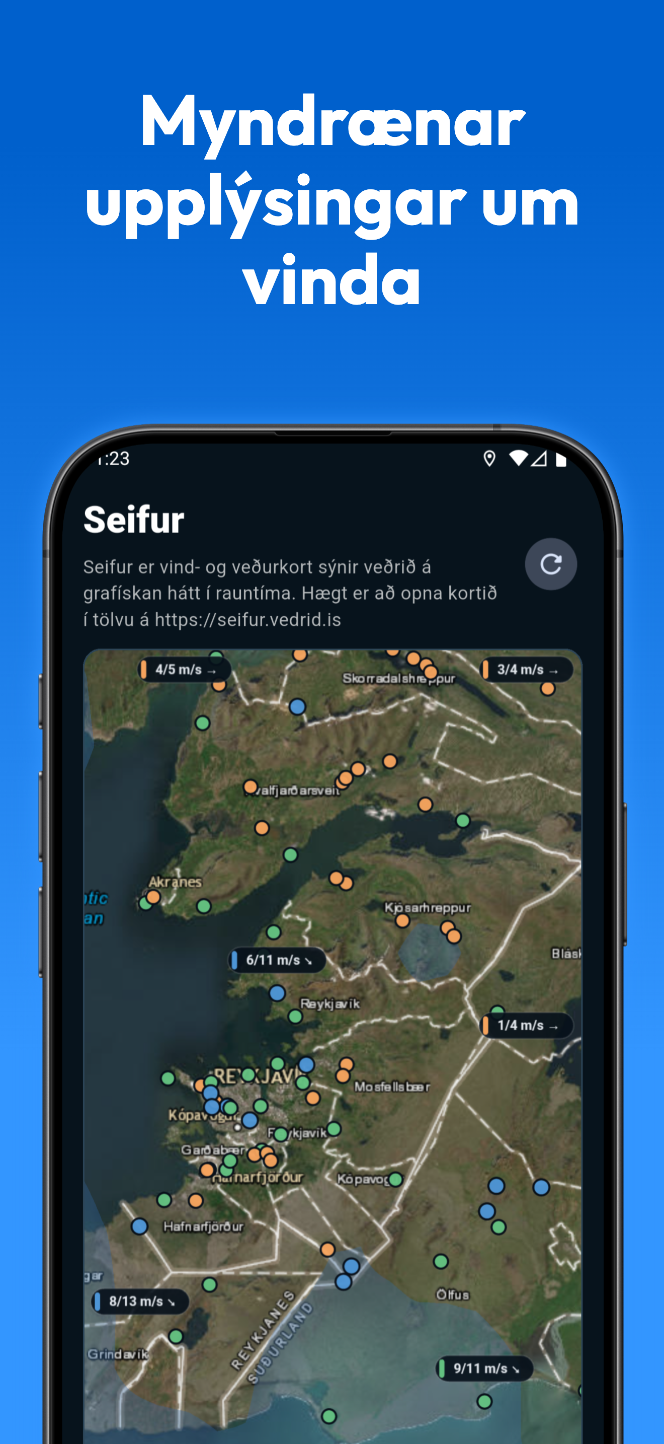 Seifur kort í Veðrið appinu með myndrænum upplýsingum um vinda